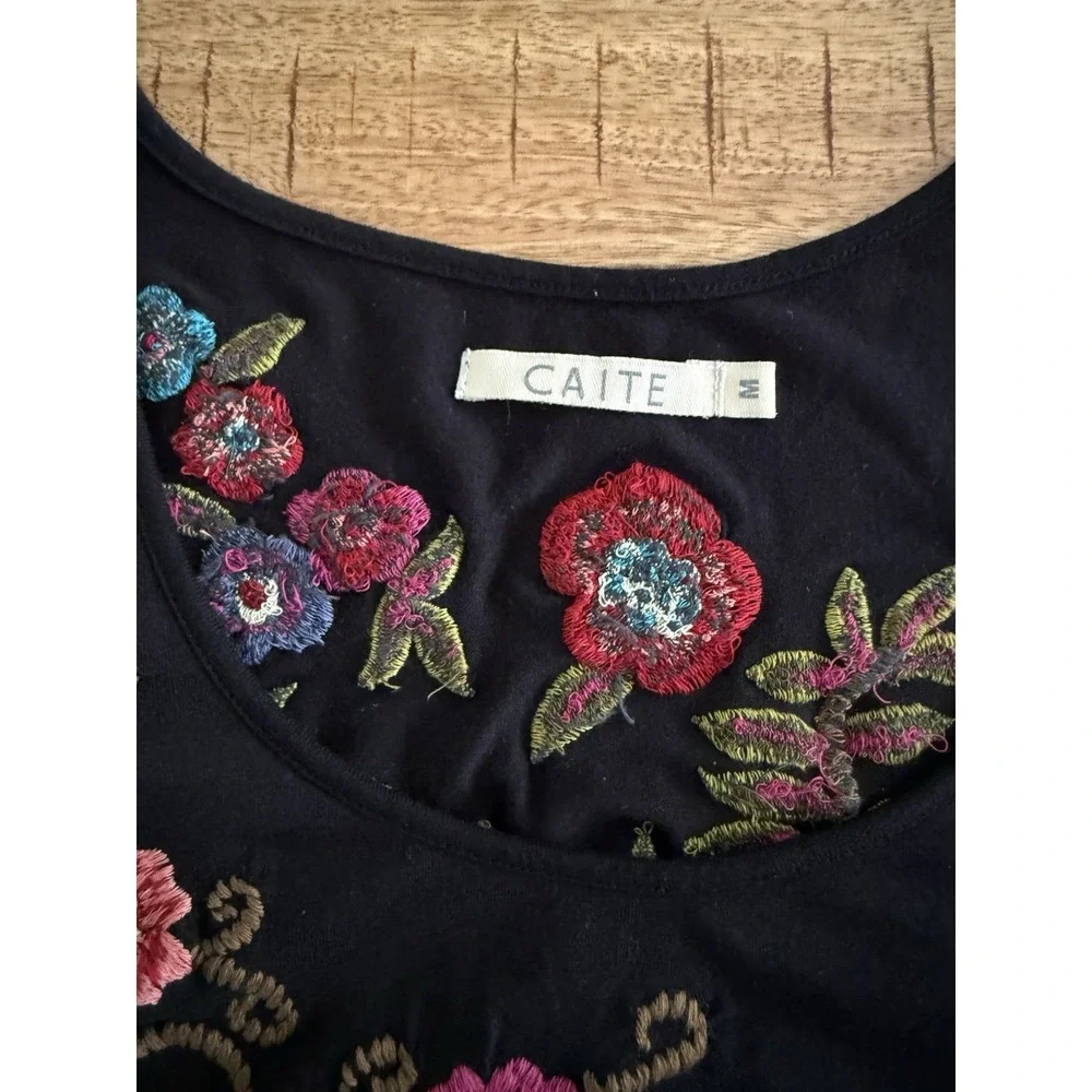 CAITE Embroidered Floral‎ Dress Black Boho Asymmetrical Hem Size Medium